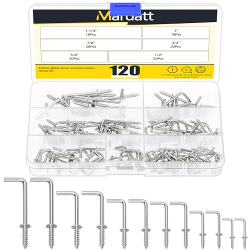 Mardatt 120 Stück 6 Größen Square Bend Hooks Schraub-in Quadrat Biegen Haken, Sliver verzinkt L Haken Schraube Kit Selbst-Tapping Schraube L Typ Fotorahmen Rechtwinkel Haken von Mardatt