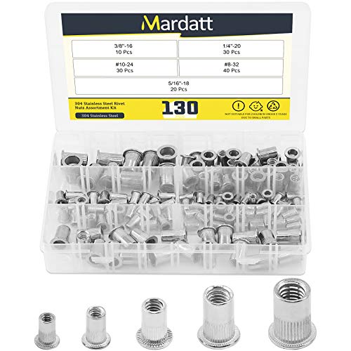 Mardatt 130 Stück SAE 304 Edelstahl Nietmuttern Nietmuttern-Sortiment Kit Flachkopf Gewinde UNC Nietmuttern-Einsatz Muttern Sortiment (#8-32#10-24 1/4"-20 5/16"-18 3/8"-16) von Mardatt