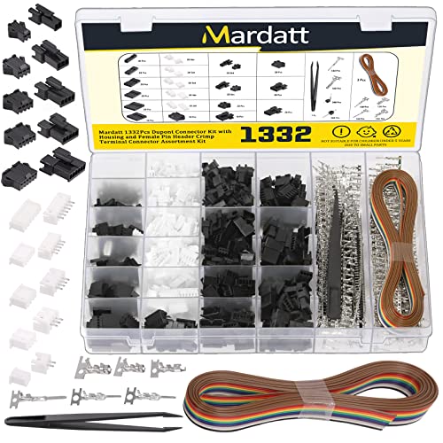 Mardatt 1336 Stück 2,54 mm Pitch 1 2 3 4 5 Pin Stecker/Buchse Gehäuse Steckverbinder Sortiment Kit mit Flachbandkabel einreihig Steckerleisten für Dupont JST-XHP SM von Mardatt