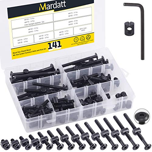 Mardatt 140 Stück 14 Größen M6 Schrauben Hardware-Ersatz-Kit schwarze Innensechskantschrauben und Zylindermuttern Kreuzdübel Sortiment Kit für Betten Möbel von Mardatt