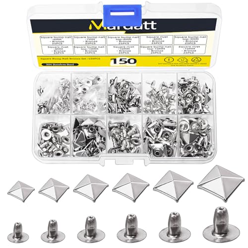 Mardatt 150 Sets 6 Sizes Square Pyramid Studs Set with Storage Box, 6/7/8/9/10/12MM Pyramid Rapid Rivet Studs Spots Studs Nail Heads for DIY Leather Craft (Silver) von Mardatt