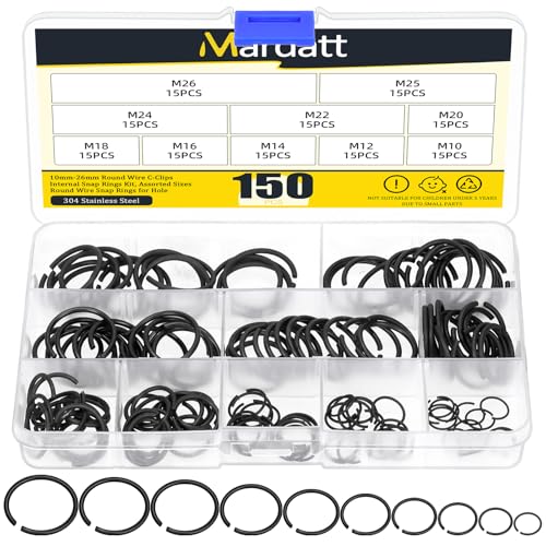 Mardatt 150 Stück 10 Größen 10mm bis 26mm Runddraht C-Clips Interne Sprengringe Sortiment Kit, Runddraht Sprengringe Sicherungsringe für Welle, M10 M12 M14 M16 M18 M20 M22 M24 M25 M26 von Mardatt