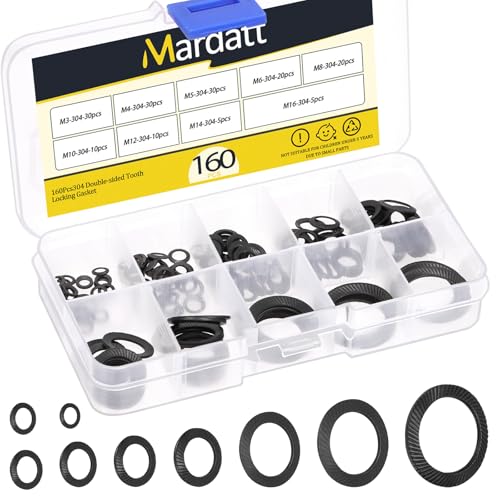Mardatt 160Stk M3 M4 M5 M6 M8 M10 M12 M14 M16 Doppelseitige Keilsicherungsscheibe, Manganstahl Konische gerändelte Federscheibe, Vibrationsresistente Sicherungsscheiben für Bolzen von Mardatt