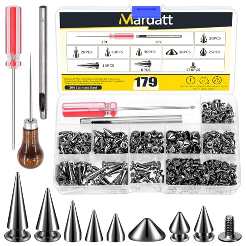 Mardatt 179 Stück 8 Größen Punk Spikes und Studs mit Installationswerkzeugen Kit, Cone Spikes Schraubverschraubung Studs Metall Baum Spikes Studs von Mardatt