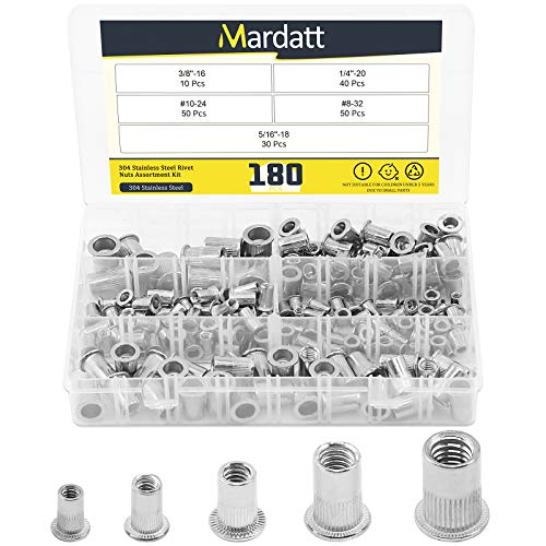 Mardatt 180 Stück SAE 304 Edelstahl Nietmuttern-Sortiment Kit Flachkopf Gewinde UNC Nietmuttern-Set Einsatz Muttern (#8-32#10-24 1/4"-20 5/16"-18 3/8"-16) von Mardatt