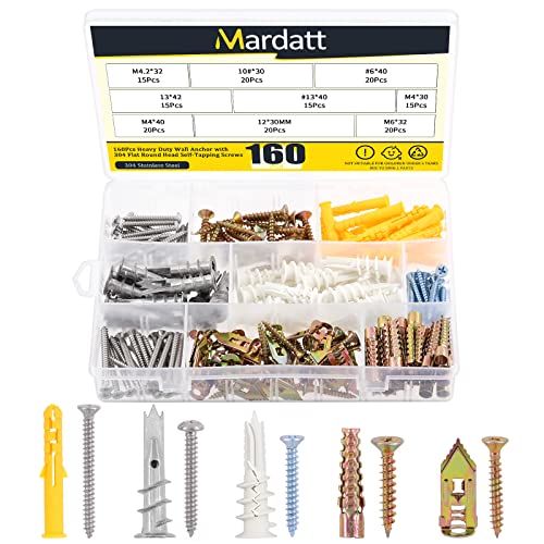 Mardatt 180-teiliges selbstbohrendes Trockenbaudübel mit Schrauben-Set, inkl. robusten gerippten Dübeln und flachen und runden Kopf, selbstschneidende Schrauben, Wandanker für Beton, Hohlwand, Putz Mardatt 180-teiliges selbstbohrendes Trockenbaudübel mit Schrauben-Set, inkl. robusten gerippten Dübeln und flachen und runden Kopf, selbstschneidende Schrauben, Wandanker für Beton, Hohlwand, Putz von Mardatt