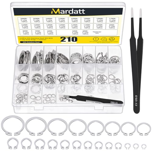 Mardatt 211Pcs 21 Größen M4-M28 Externe Sicherungsringe Sortiment Kit, Edelstahl Circlip Sicherungsringe, Circlip Snap Halte C-Clips mit Pinzette für Achsen, Wellen und andere bewegliche Teile von Mardatt
