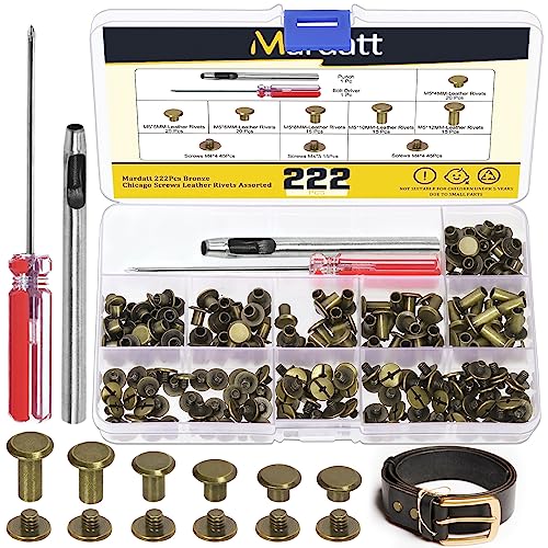 Mardatt 222Pcs Chicago Screws Assorted Kit with Setting Tools, M5 X 4/5/6/8/10/12MM Screw Rivets Metal Slotted Screw Studs Leather Rivets for DIY Leather Craft Decoration(Bronze) von Mardatt