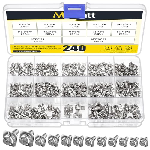 Mardatt 240Pcs 12 Sizes Terminal Block Screws, M3 M3.5 M4 M5 Metric Dryer Terminal Block Screws with Square Washers, Nickel Plated Carbon Steel Terminal Screws for Fixing Wires von Mardatt