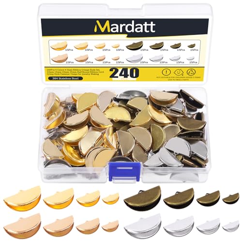 Mardatt 240Pcs 4 Colors Half Round Ribbon Cord Crimp End Tips Assorted Set, 13/15/20/25mm Ribbon Leather Ending Bracelet Bookmark Cord Caps Clasps with Loop for DIY Jewelry Making von Mardatt