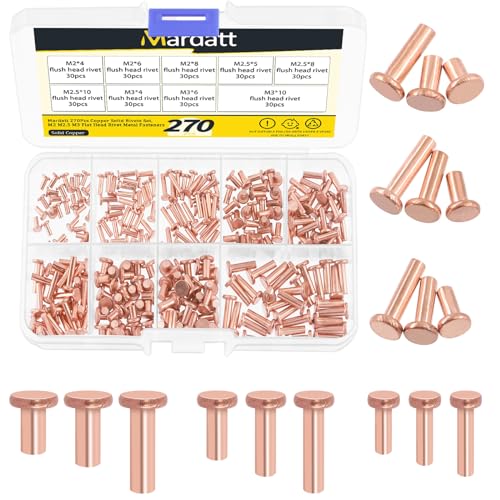 Mardatt 270Pcs Flat Head Copper Solid Rivets Kit, M2 M2.5 M3 Solid Copper Rivets Fasteners, Flat Head Rivets Solid Copper Rivets for Electrical Applications, Leather Working Supplies von Mardatt