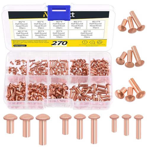 Mardatt 270Pcs Round Head Copper Solid Rivets Kit, M2 M2.5 M3 Solid Copper Rivets Fasteners, Round Head Rivets Solid Copper Rivets for Electrical Applications, Leather Working Supplies von Mardatt