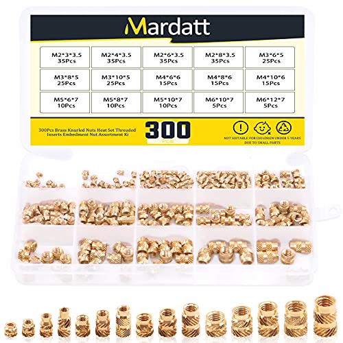 Mardatt 300 Stück 15 verschiedene Größen Messing Gewindeeinsätze für Kunststoff Messing Einsätze 3D Druck Rändelmutter Messing Einbettmutter Heat Set Einsatz Sortiment Kit für 3D Druck Kunststoff von Mardatt