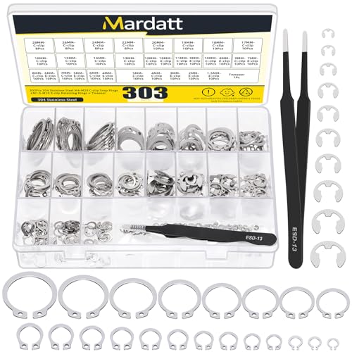 Mardatt 303 Stück Edelstahl 21 Größen C-Clip Außensicherungsringe Sprengringe Sortiment Set(M4-M28) mit 10 Größen E-Clip Außensicherungsringe Sortiment Set(1.5mm-10mm), Pinzette von Mardatt