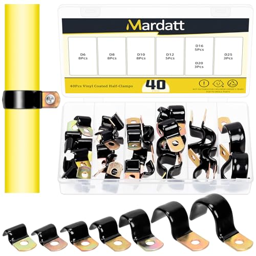 Mardatt 40 Stück 7 Größen 6mm-25mm Vinyl beschichtet Kabel Halbklemmen Kit, verzinkter Stahl Gummi beschichtet gepolsterte isolierte Kabelklemme, Metallklemme Rohrklemmen P Clips für Rohrleitung von Mardatt