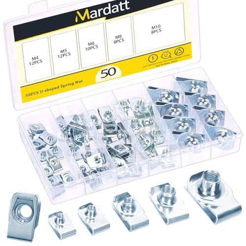 Mardatt 50 Stk M4 M5 M6 M8 M10 Blechmuttern Sortiment, Gewinde Clip Mutter Set U-Typ Blechmuttern Schnappmutter für Armaturenbrett Türverkleidung Innen, Kohlenstoffstahl verzinkt von Mardatt