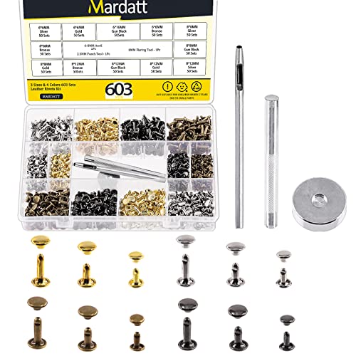 Mardatt 600 Sets Double Cap Rivets with Setting Tool Kit, 4 Colors 3 Sizes Leather Rivets Double Cap Rivet Tubular Metal Studs for DIY Leather Craft Repair and Decoration von Mardatt
