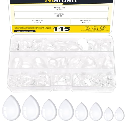 Mardatt Glass Cabochons Kit, 115 Stück 4 Größen Teardrop Klarglas Cabochons, flache Rückseite transparentes Glas Kuppel Cabochons Fliesen Klarglas Kuppel Fliesen für Schmuck machen von Mardatt