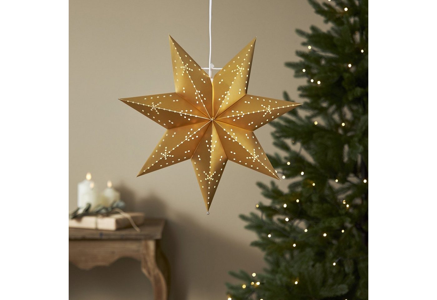 MARELIDA LED Stern Papierstern Leuchtstern Weihnachtsstern Faltstern 45cm mit Kabel gold von MARELIDA