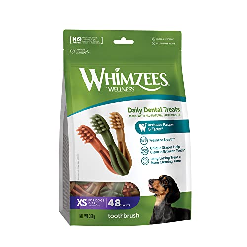 WHIMZEES by Wellness Zahnbürste, Kaustangen für sehr kleine Hunde, Hundesnack zur Zahnpflege, Größe XS, 48 Stück, ohne Zuckerzusatz, getreidefrei, natürlich, fettarm von WHIMZEES
