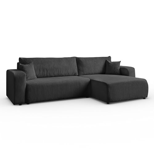 Margaret Hadas24 Ecksofa L-Form Sofia 277 x 143 cm mit Schlaffunktion & Bettkasten – modernes Cord Sofa, Schlafsofa, Schlafcouch – Bequeme Wohnlandschaft mit Stauraum, universale Seite (Graphit) von Margaret Hadas24