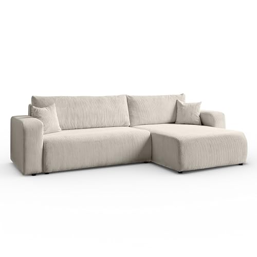 Margaret Hadas24 Ecksofa L-Form Sofia 277 x 143 cm mit Schlaffunktion & Bettkasten – modernes Cord Sofa, Schlafsofa, Schlafcouch – Bequeme Wohnlandschaft mit Stauraum, universale Seite (beige) von Margaret Hadas24