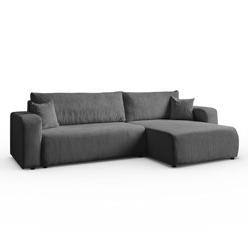 Margaret Hadas24 Ecksofa L-Form Sofia 277 x 143 cm mit Schlaffunktion & Bettkasten – modernes Cord Sofa, Schlafsofa, Schlafcouch – Bequeme Wohnlandschaft mit Stauraum, universale Seite (dunkelgrau) von Margaret Hadas24