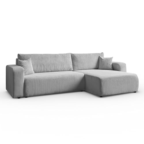 Margaret Hadas24 Ecksofa L-Form Sofia 277 x 143 cm mit Schlaffunktion & Bettkasten – modernes Cord Sofa, Schlafsofa, Schlafcouch – Bequeme Wohnlandschaft mit Stauraum, universale Seite (hellgrau) von Margaret Hadas24