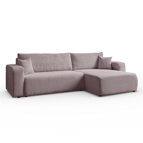 Margaret Hadas24 Ecksofa L-Form Sofia 277 x 143 cm mit Schlaffunktion & Bettkasten – modernes Cord Sofa, Schlafsofa, Schlafcouch – Bequeme Wohnlandschaft mit Stauraum, universale Seite (puderrosa) von Margaret Hadas24