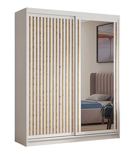 Margaret Hadas24 Kleiderschrank Dora mit Lamellen und Spiegel, Organizer, Mehrzweckschrank, Schwebetürenschrank, Garderobenschrank, Kleiderstange, Kleiderständer, Schrank, 120 cm, weiß, braun, von Margaret Hadas24
