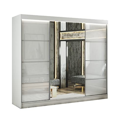 Margaret Hadas24 Kleiderschrank Venus III 250 cm mit Spiegel, Mehrzweckschrank, Schwebetürenschrank, Garderobenschrank, Kleiderstange, Kleiderständer, Flurschrank, 3-türig, weiß, lacobel weiß von Margaret Hadas24