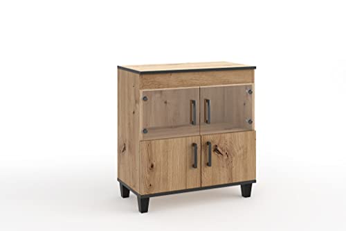 MargaretHadas24 Vitrine Vanessa VI niedriger Schrank Glas Bar Schränke Regal Holz Vitrine Möbel Wohnzimmer Glastür mit Holzbeine Wohnzimmerschrank von Margaret Hadas24