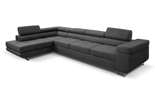 MargaretHome24 Ecksofa Marlene IV L-Form mit verstellbaren Kopfstützen Schlaffunktion Bettkasten 347 cm Links (Farbe: grau Vena 20) von MargaretHome24