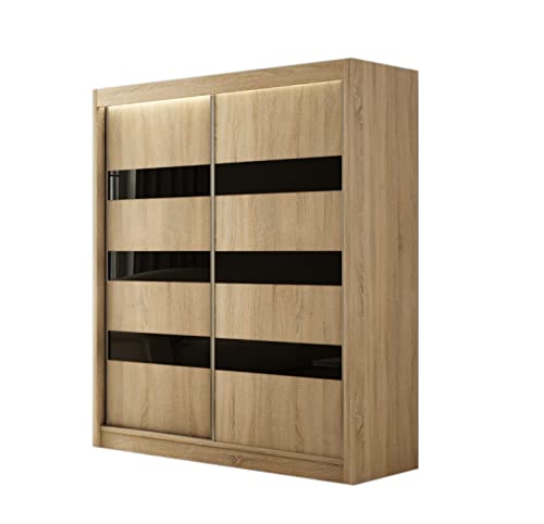 MargaretHadas24 Kleiderschrank Emma inklusive 2 Schiebetüren Kleiderstange Garderobe Schrank (Eiche Sonoma, Front Eiche Sonoma, lacobel schwarz, 120 cm) von MargaretHome24