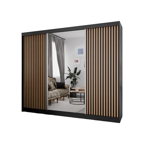 MargaretHadas24 Kleiderschrank Lili mit Lamellen 250 cm inklusive 3 Schiebetüren Schwebetürenschrank Kleiderstange Garderobe Schrank (schwarz, schwarz, Lamelle wotan, Spiegel) von MargaretHome24