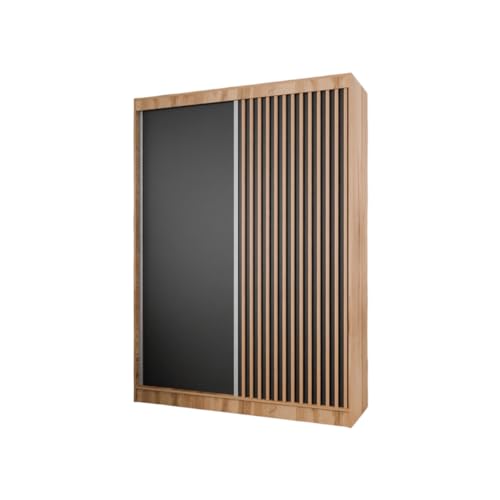 MargaretHadas24 Kleiderschrank Lili mit Lamellen inklusive 2 Schiebetüren Schwebetürenschrank Kleiderstange Garderobe Schrank (Eiche Craft Gold, schwarz, Lamelle wotan, 150 cm) von MargaretHome24