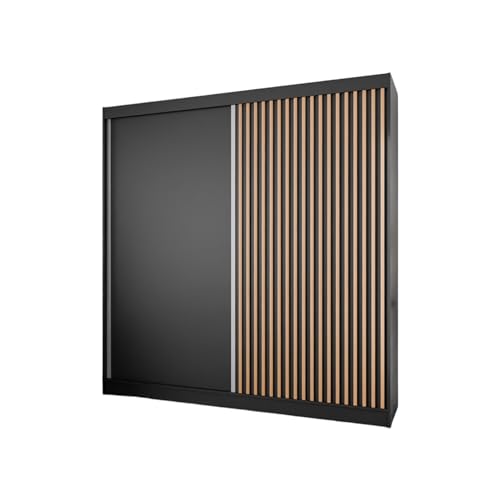 MargaretHadas24 Kleiderschrank Lili mit Lamellen inklusive 2 Schiebetüren Schwebetürenschrank Kleiderstange Garderobe Schrank (schwarz, schwarz, Lamelle wotan, 200 cm) von MargaretHome24