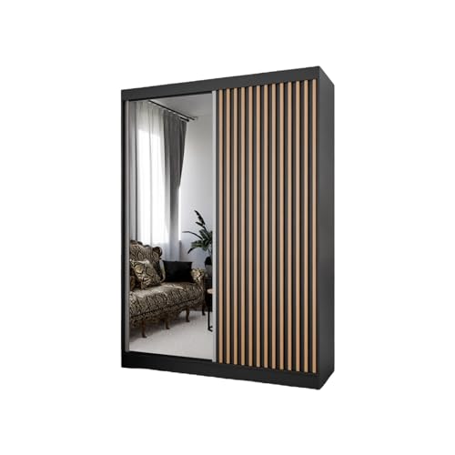 MargaretHadas24 Kleiderschrank Lili mit Lamellen und Spiegel inklusive 2 Schiebetüren Schwebetürenschrank Kleiderstange Garderobe Schrank (schwarz, schwarz, Lamelle wotan, Spiegel, 150 cm) von MargaretHome24