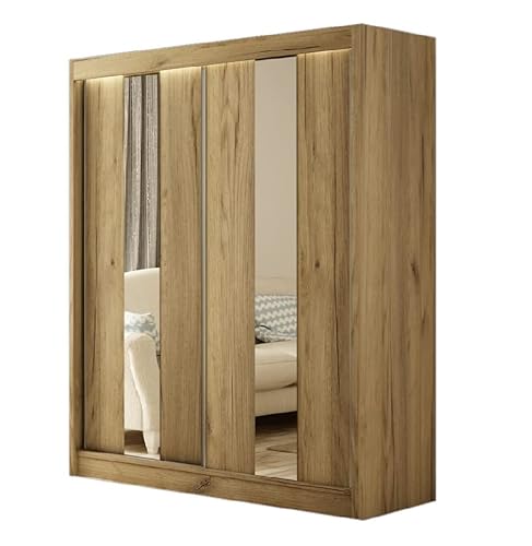 MargaretHadas24 Kleiderschrank Lukas inklusive 2 Schiebetüren mit Spiegel Kleiderstange Garderobe Schrank (Eiche Craft Gold mit Spiegel, 150 cm) von MargaretHome24