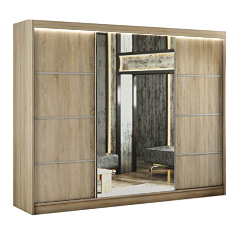 MargaretHadas24 Kleiderschrank Padwa 250 cm inklusive 3 Schiebetüren mit Spiegel Kleiderstange Garderobe Schrank (Eiche Sonoma und Eiche Sonoma Front) von MargaretHome24