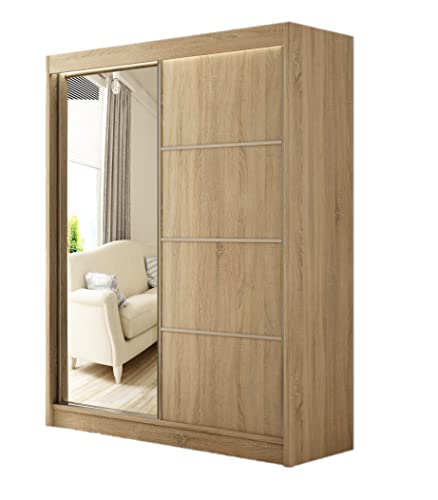 MargaretHadas24 Kleiderschrank Padwa inklusive 2 Schiebetüren mit Spiegel Kleiderstange Garderobe Schrank (Eiche Sonoma, 150 cm) von MargaretHome24