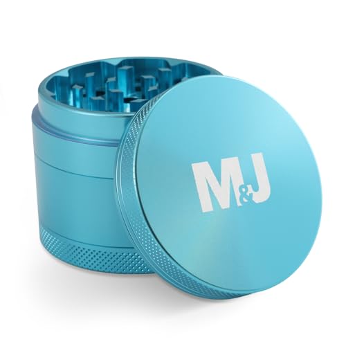 Mari & Juan Grinder Blau ø5 cm 4,3 cm hoch langlebiger Crusher aus Aluminium präziser Grinder Metall mit scharfen Zähnen & Magnetdeckel Grinder 4 Teilig mit Premium Grinder mit Pollenpresse von Mari & Juan