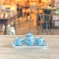 Kaffeeset Für 2 Mit Türkisfarbener Arabesco Zuckerdose von MariMaiolicheDeruta