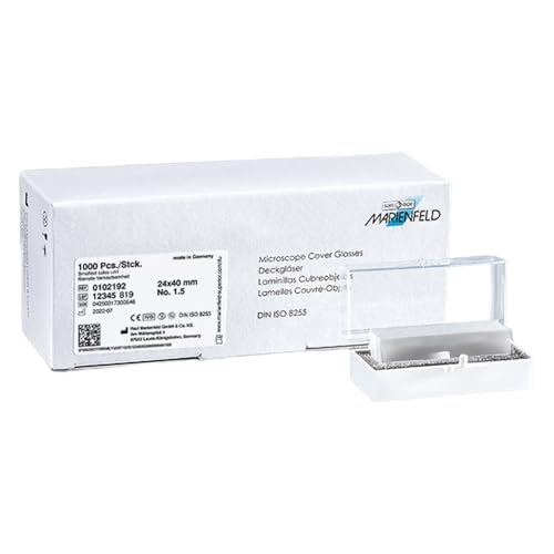 Marienfeld Borosilikatglas Quadratisch Deckgläs, Scharnierschachtel, 24 mm Tiefe, 60 mm Breite, 0.16-0.19 mm Stärke, 1000 Stück von Marienfeld