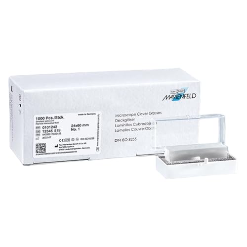 Marienfeld Borosilikatglas Rechteckig Deckgläs, Scharnierschachtel, 24 mm Tiefe, 60 mm Breite, 0.13-0.16 mm Stärke, 1000 Stück von Marienfeld