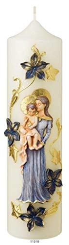 Marienkerzen mit Madonna 30 x 8 cm, Handverziert mit Wachsplatten und Wachsborden von Wiedemann