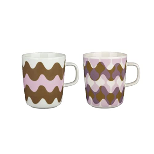 Marimekko - Becher, Henkelbecher - Oiva Lokki Pergola - Steingut - Farbe: White-Pale Pink-Brown - (HxØ) 9,5 x 8 cm - 2er Set von Marimekko