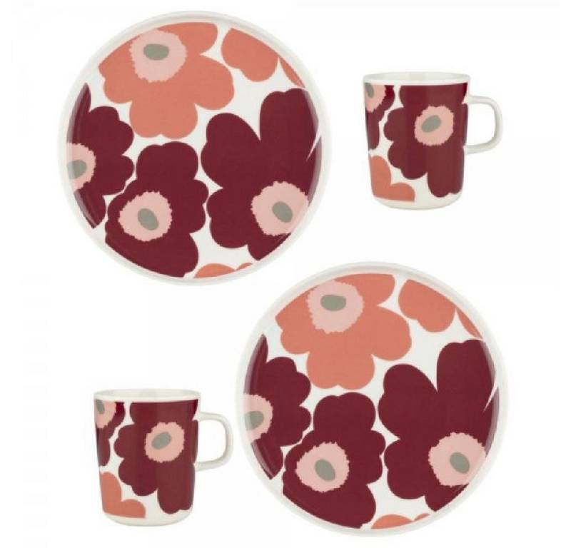 Marimekko Geschirr-Set Geschirrset Oiva Unikko Juhla White Dark Cherry Salmon Red (4-teilig) von Marimekko