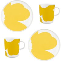 Marimekko - Oiva Iso Unikko Teller & Becher, Ø 25 cm & 250 ml, weiß / spring yellow (4er-Set) von Marimekko