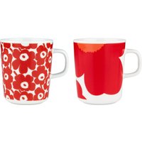 Marimekko - Oiva Iso Unikko & Pikkuinen Unikko Becher mit Henkel, 250 ml, weiß / rot (2er-Set) (60th Anniversary Collection) von Marimekko